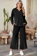 Load image into Gallery viewer, Sail Blue Solid Textured Collared V Neck Top and Wide Leg Pants Set
