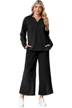 Load image into Gallery viewer, Sail Blue Solid Textured Collared V Neck Top and Wide Leg Pants Set
