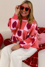 Load image into Gallery viewer, Pink Plus Size Heart Checkered Colorblock Lantern Sleeve Sweater
