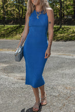 Load image into Gallery viewer, Dark Blue Solid Ribbed Knit Sheath Sleeveless Midi Sweater Dress
