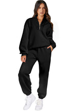 Load image into Gallery viewer, Black Plain Half Zip V Neck Top &amp; Ribbed Edge Loose Pants Sets
