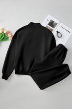 Load image into Gallery viewer, Black Plain Half Zip V Neck Top &amp; Ribbed Edge Loose Pants Sets
