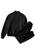 Load image into Gallery viewer, Black Plain Half Zip V Neck Top &amp; Ribbed Edge Loose Pants Sets
