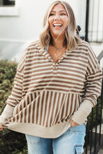 Load image into Gallery viewer, Brown Stripe Drop Sleeve Plus Size Henley Hoodie
