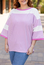 Load image into Gallery viewer, Khaki Stripe Patchwork Bracelet Sleeve Plus Size T Shirt
