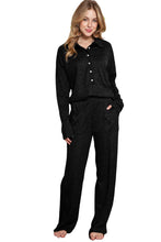 Load image into Gallery viewer, Black Ribbed Henley Shirt and Wide Leg Pants Loungewear Set
