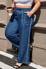 Load image into Gallery viewer, Sail Blue High Waist Pocket Distressed Trim Wide Leg Plus Size Jeans
