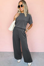 Load image into Gallery viewer, Dark Grey Drawstring Side Crewneck Tee and Loose Pants Set
