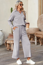 Load image into Gallery viewer, Sail Blue Solid Textured Collared V Neck Top and Wide Leg Pants Set
