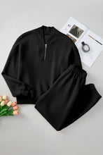 Load image into Gallery viewer, Black Plain Half Zip V Neck Top &amp; Ribbed Edge Loose Pants Sets
