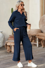 Load image into Gallery viewer, Sail Blue Solid Textured Collared V Neck Top and Wide Leg Pants Set
