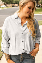 Load image into Gallery viewer, White Stripe Rolled Tab Sleeve Buttoned Plus Size Shirt
