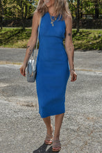 Load image into Gallery viewer, Dark Blue Solid Ribbed Knit Sheath Sleeveless Midi Sweater Dress
