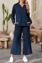 Load image into Gallery viewer, Sail Blue Solid Textured Collared V Neck Top and Wide Leg Pants Set
