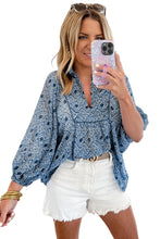 Load image into Gallery viewer, Sky Blue Ethnic Geometric Print Frill Neck Loose Fit Blouse
