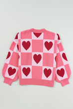 Load image into Gallery viewer, Pink Plus Size Heart Checkered Colorblock Lantern Sleeve Sweater
