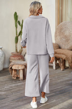 Load image into Gallery viewer, Sail Blue Solid Textured Collared V Neck Top and Wide Leg Pants Set
