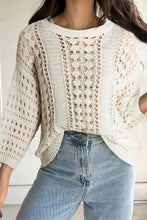 Load image into Gallery viewer, White Hollow Out Knit Bracelet Sleeve Drop Shoulder Sweater
