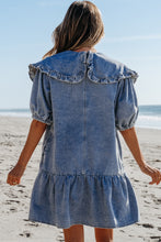 Load image into Gallery viewer, Dusk Blue Ruffled Collared Side Pockets Puff Sleeve Denim Mini Dress
