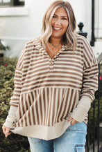 Load image into Gallery viewer, Brown Stripe Drop Sleeve Plus Size Henley Hoodie
