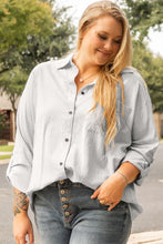 Load image into Gallery viewer, White Stripe Rolled Tab Sleeve Buttoned Plus Size Shirt
