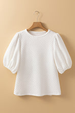 Load image into Gallery viewer, White Solid Textured O Neck Puff Sleeve Blouse
