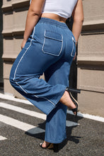 Load image into Gallery viewer, Sail Blue High Waist Pocket Distressed Trim Wide Leg Plus Size Jeans
