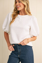 Load image into Gallery viewer, White Solid Textured O Neck Puff Sleeve Blouse
