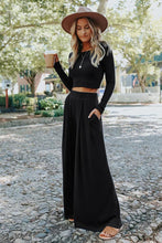 Load image into Gallery viewer, Black Solid Color Ribbed Crop Top Long Pants Set
