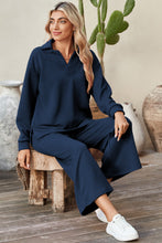 Load image into Gallery viewer, Sail Blue Solid Textured Collared V Neck Top and Wide Leg Pants Set
