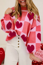 Load image into Gallery viewer, Pink Plus Size Heart Checkered Colorblock Lantern Sleeve Sweater
