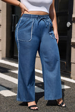 Load image into Gallery viewer, Sail Blue High Waist Pocket Distressed Trim Wide Leg Plus Size Jeans
