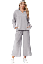 Load image into Gallery viewer, Sail Blue Solid Textured Collared V Neck Top and Wide Leg Pants Set
