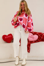 Load image into Gallery viewer, Pink Plus Size Heart Checkered Colorblock Lantern Sleeve Sweater
