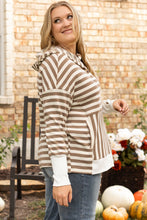 Load image into Gallery viewer, Brown Stripe Drop Sleeve Plus Size Henley Hoodie
