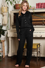 Load image into Gallery viewer, Black Ribbed Henley Shirt and Wide Leg Pants Loungewear Set
