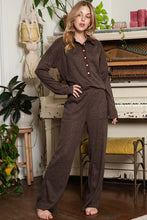 Load image into Gallery viewer, Black Ribbed Henley Shirt and Wide Leg Pants Loungewear Set
