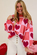 Load image into Gallery viewer, Pink Plus Size Heart Checkered Colorblock Lantern Sleeve Sweater
