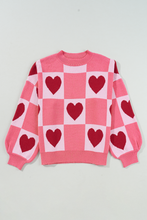 Load image into Gallery viewer, Pink Plus Size Heart Checkered Colorblock Lantern Sleeve Sweater
