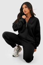 Load image into Gallery viewer, Black Plain Half Zip V Neck Top &amp; Ribbed Edge Loose Pants Sets
