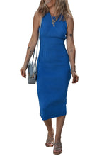 Load image into Gallery viewer, Dark Blue Solid Ribbed Knit Sheath Sleeveless Midi Sweater Dress
