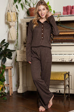 Load image into Gallery viewer, Black Ribbed Henley Shirt and Wide Leg Pants Loungewear Set
