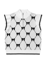 Load image into Gallery viewer, Black Preppy Bow Print Zipped Collar Knit Top
