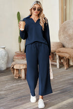 Load image into Gallery viewer, Sail Blue Solid Textured Collared V Neck Top and Wide Leg Pants Set
