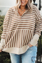 Load image into Gallery viewer, Brown Stripe Drop Sleeve Plus Size Henley Hoodie
