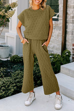 Load image into Gallery viewer, Blue Quilted Textured Short Sleeve Top and Wide Leg Pants Set
