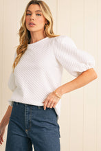 Load image into Gallery viewer, White Solid Textured O Neck Puff Sleeve Blouse
