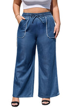 Load image into Gallery viewer, Sail Blue High Waist Pocket Distressed Trim Wide Leg Plus Size Jeans
