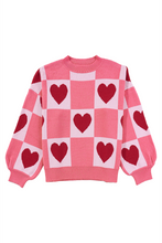 Load image into Gallery viewer, Pink Plus Size Heart Checkered Colorblock Lantern Sleeve Sweater
