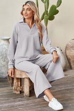 Load image into Gallery viewer, Sail Blue Solid Textured Collared V Neck Top and Wide Leg Pants Set
